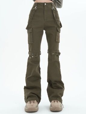 Olive Green Cargo Flared Pants with Strap Detail